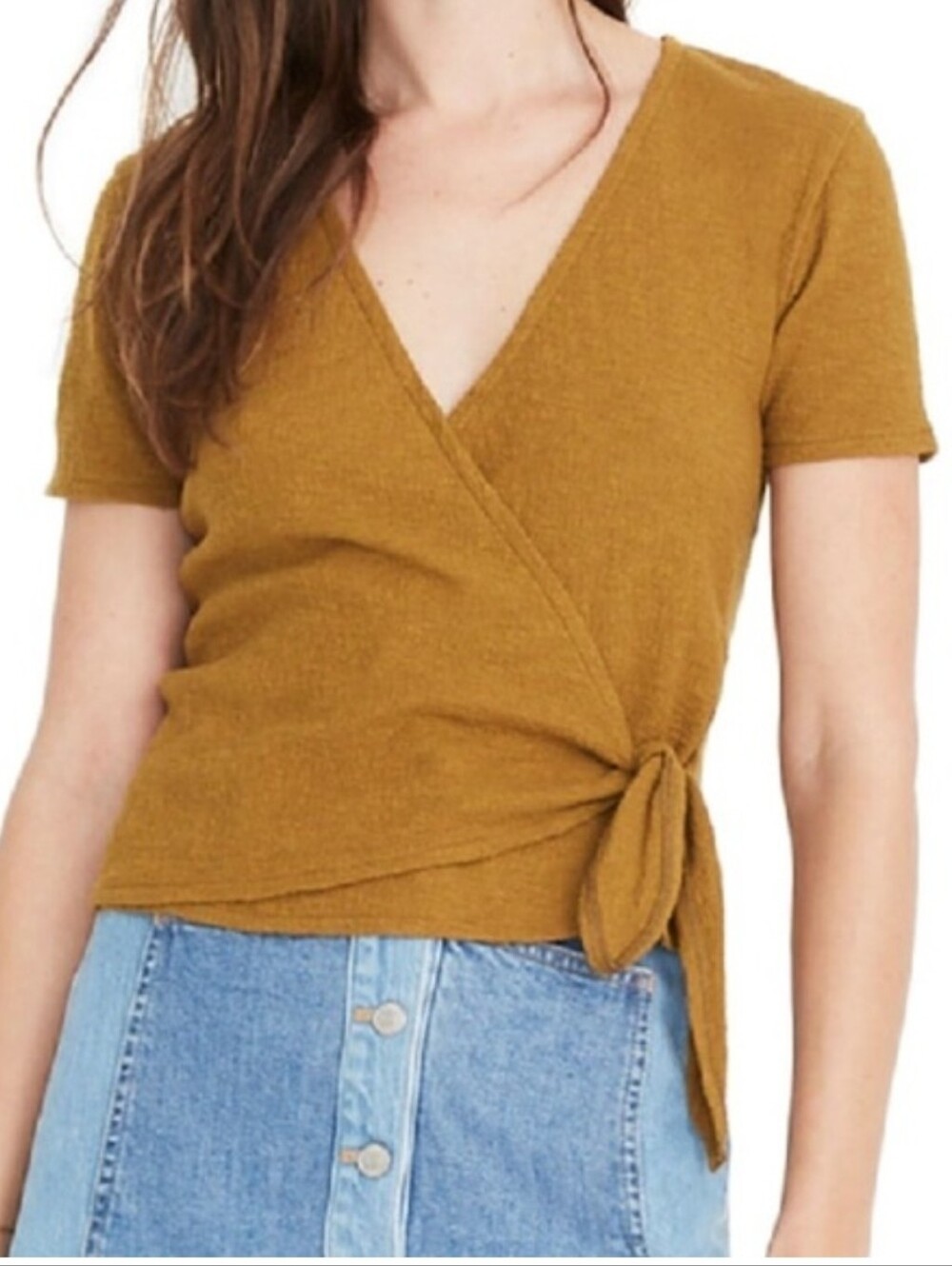 MADEWELL Texture & Thread Mustard Wrap Tie V-Neck Top Sz Large